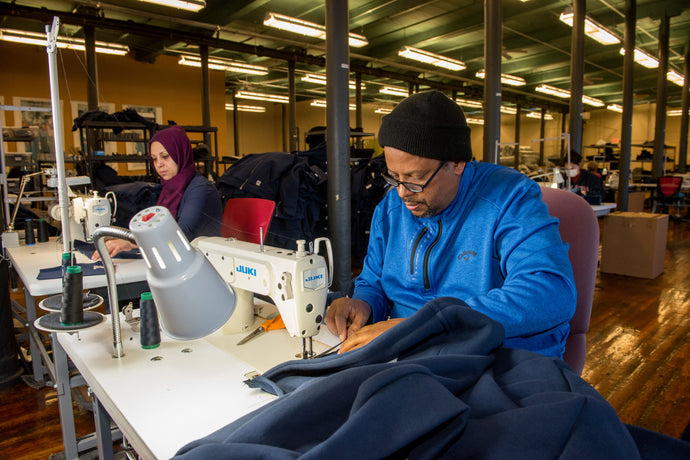 Union workers sewing at the American Roots Factory, Westbrook Maine