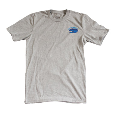 Gray t-shirt with a blue logo on a white background
