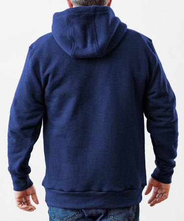 The Back of Navy All American Made Pullover by American Roots.  100% American Combed Cotton. Union Made.